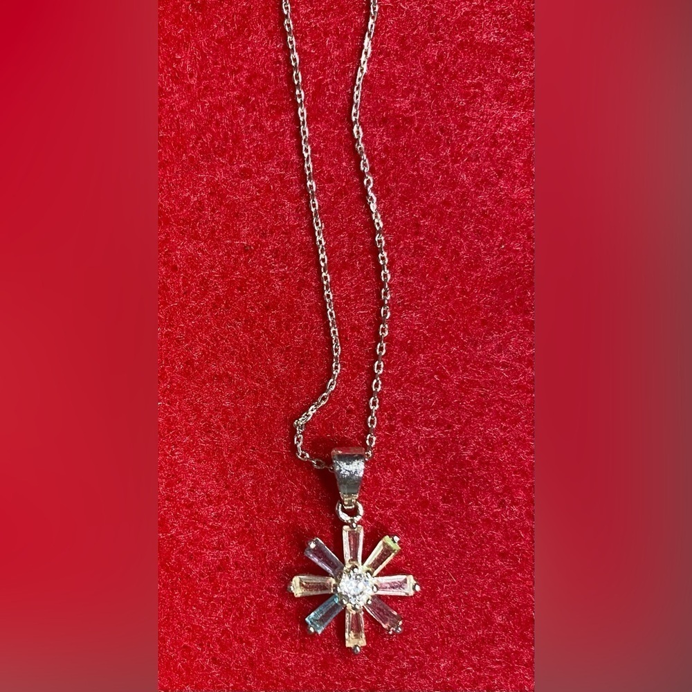 Sterling Silver .925 Adjustable Necklace with Multi Colored Sunburst Pendant